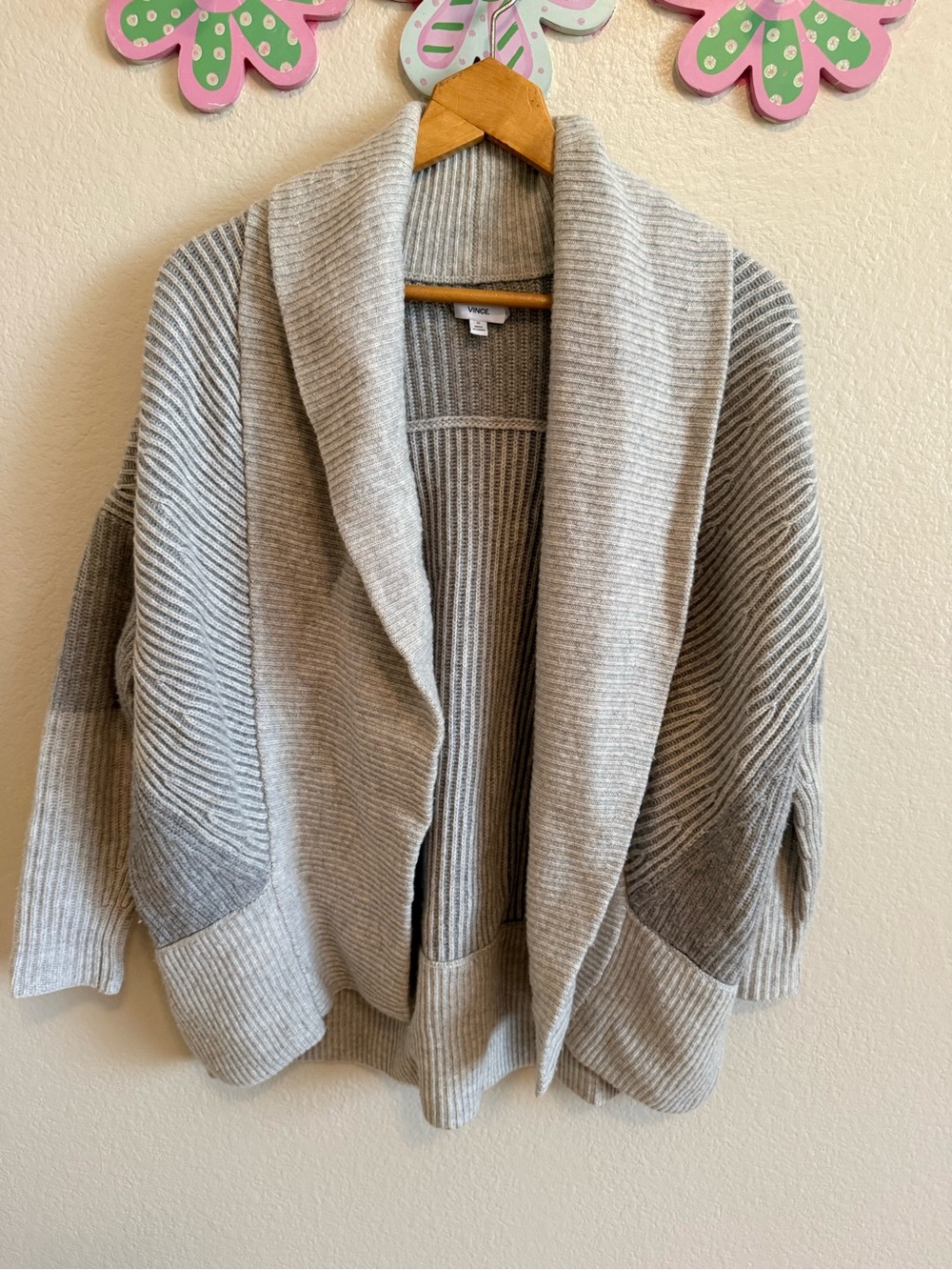 Vince Light Gray Ribbed Shawl Collar Cardigan